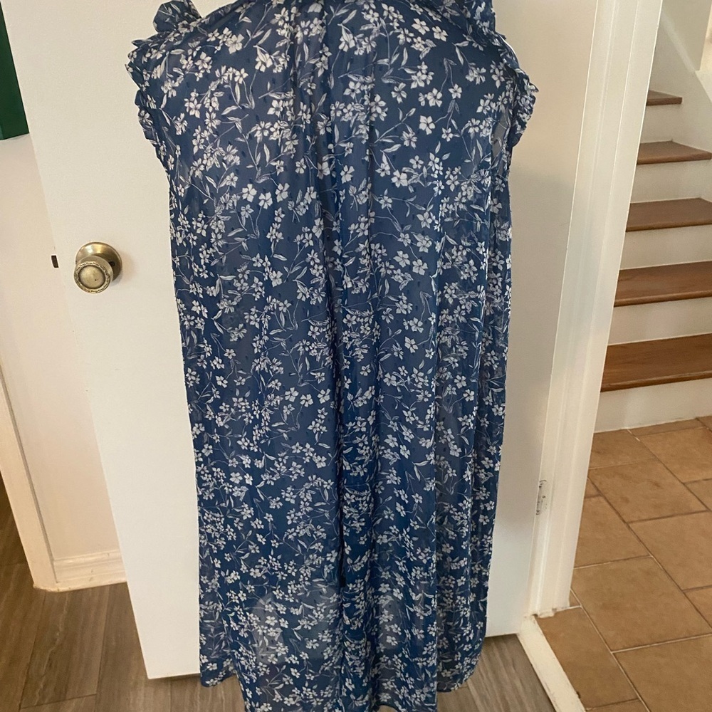 Banana Republic Dress SZ 4 Knee Length Sheer Blue Floral Ruffle Round Neck - Picture 4 of 5